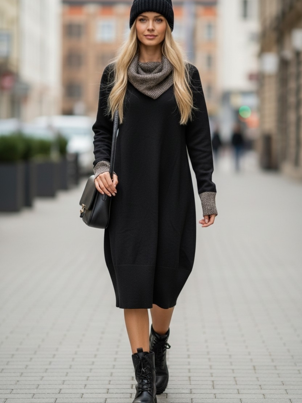 No Boundaries Black Knit Sweater Dress with Contrast Gold And Black Cowl Size S